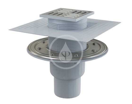 Alcadrain Odtokové kanáliky - Podlahová vpusť priama 105x105 mm, priemer 50/75 mm, 2.úroveň izolácie, kombinovaný zápachový uzáver SMART, nerezová/pla