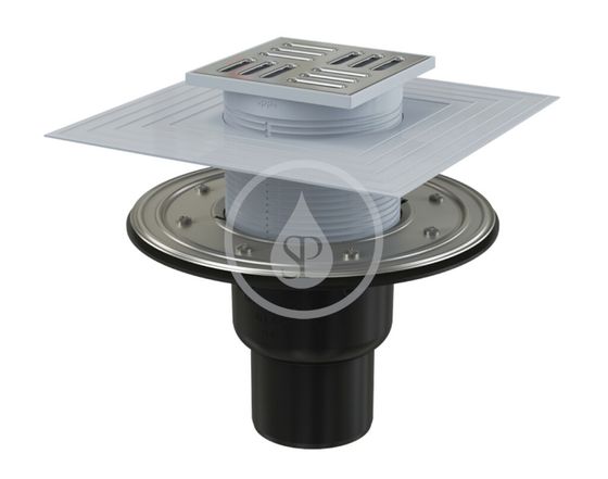 Alcadrain Odtokové kanáliky - Podlahová vpusť priama 105x105 mm, priemer 50/75 mm, 2.úroveň izolácie, vodný a suchý zápachový uzáver, nerezová/plast