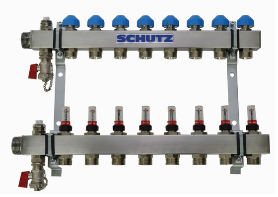 Schütz Komfort nerezový hranatý rozdeľovač s prietokomermi 10 okruhov